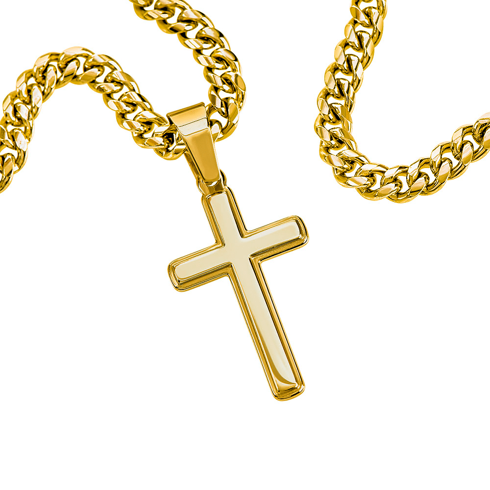Personalized Cross with Cuban Link Chain: Christian Christmas for Him Jewelry Mahogany Style Luxury Box 18K Yellow Gold The Silver Clover & Co.