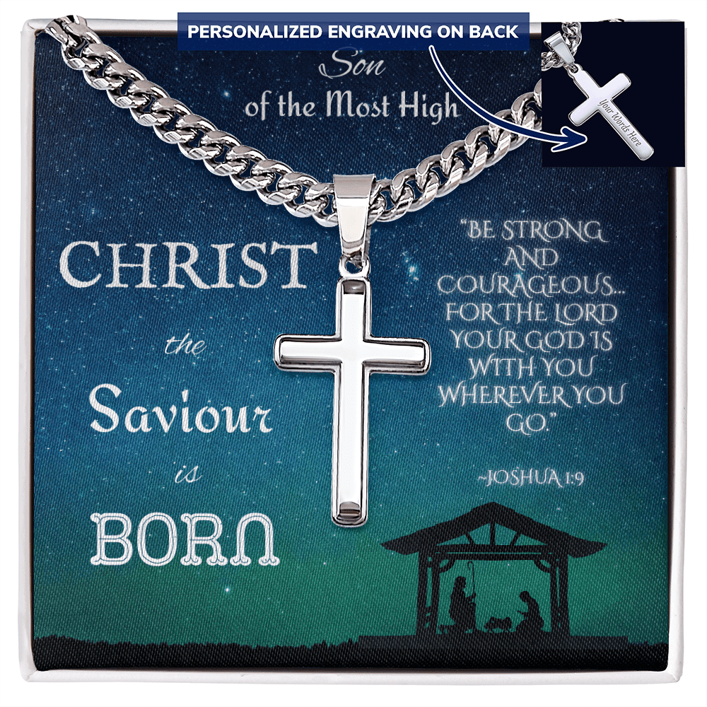 Personalized Cross with Cuban Link Chain: Christian Christmas for Him Jewelry Two Tone Box Polished Stainless Steel The Silver Clover & Co.
