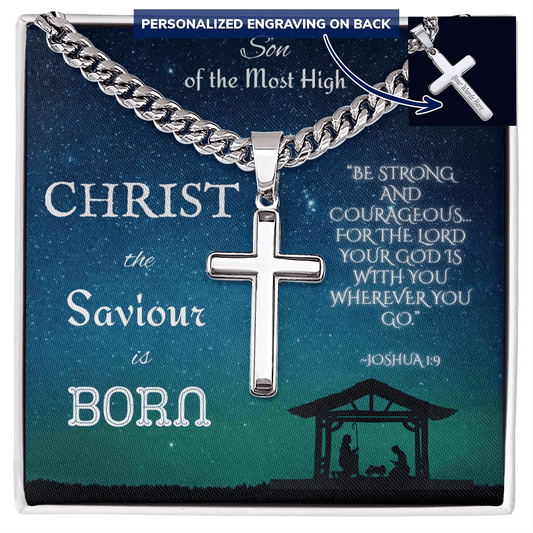 Personalized Cross with Cuban Link Chain: Christian Christmas for Him Jewelry Two Tone Box Polished Stainless Steel The Silver Clover & Co.