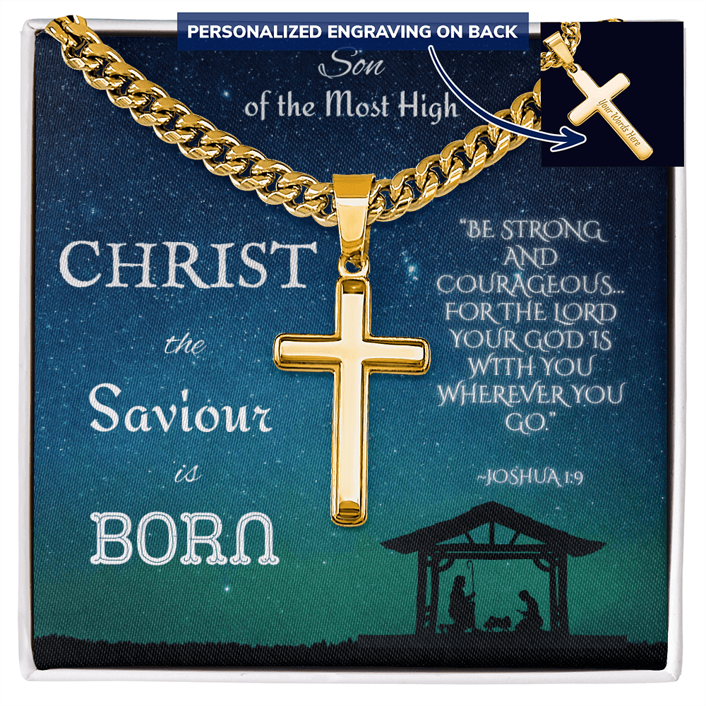 Personalized Cross with Cuban Link Chain: Christian Christmas for Him Jewelry Two Tone Box 18K Yellow Gold The Silver Clover & Co.