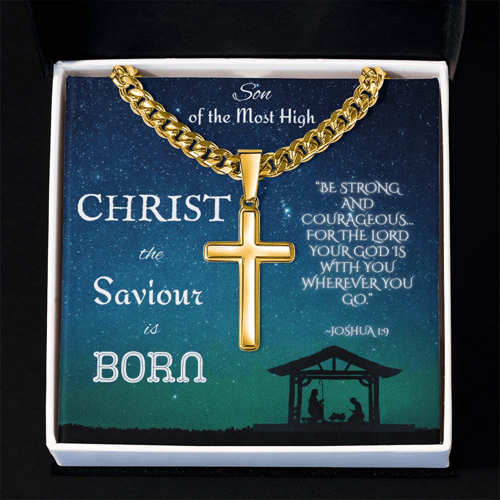 Personalized Cross with Cuban Link Chain: Christian Christmas for Him Jewelry Mahogany Style Luxury Box 18K Yellow Gold The Silver Clover & Co.
