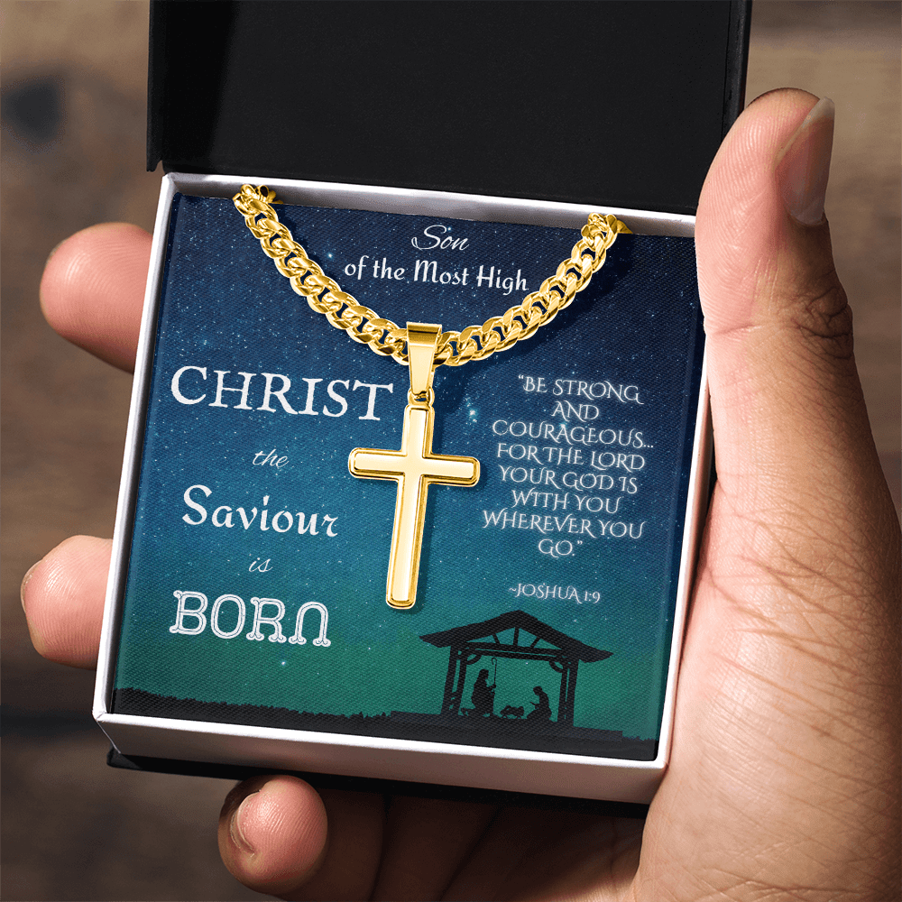 Personalized Cross with Cuban Link Chain: Christian Christmas for Him Jewelry Mahogany Style Luxury Box 18K Yellow Gold The Silver Clover & Co.