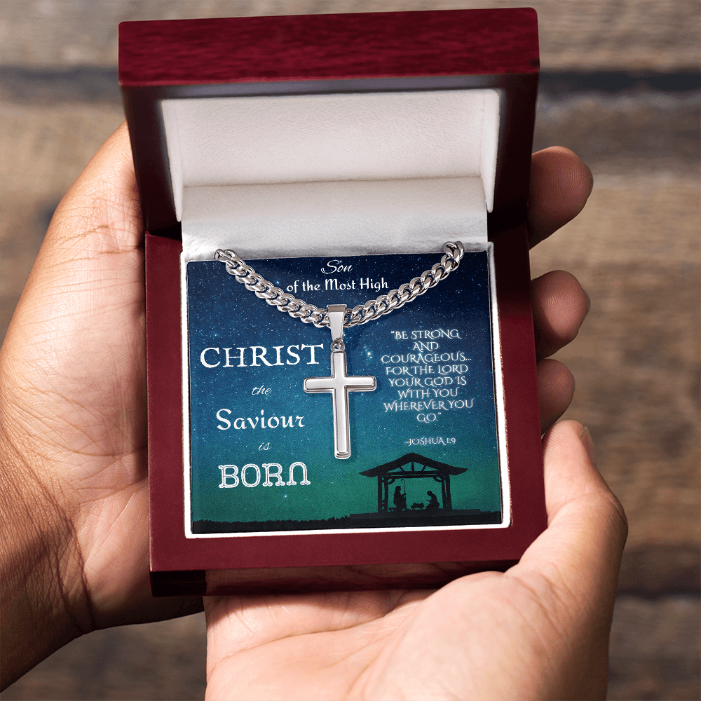 Personalized Cross with Cuban Link Chain: Christian Christmas for Him Jewelry Mahogany Style Luxury Box 18K Yellow Gold The Silver Clover & Co.