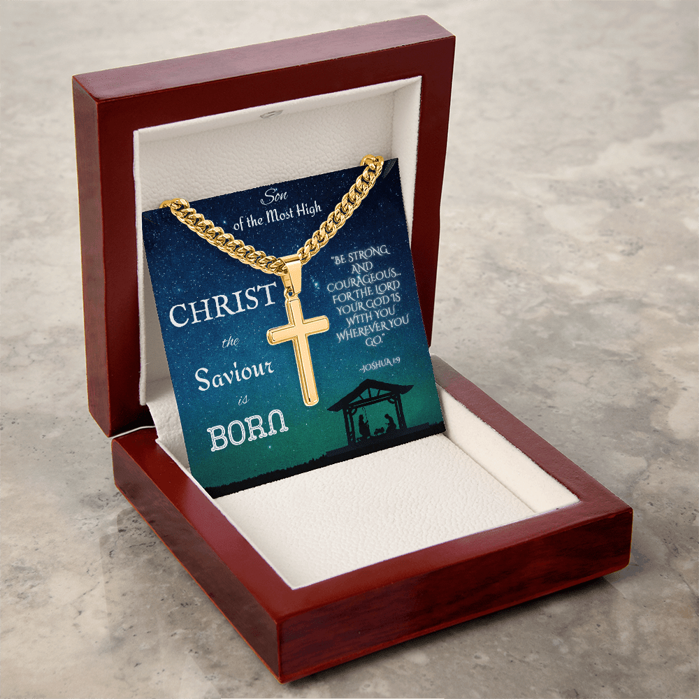 Personalized Cross with Cuban Link Chain: Christian Christmas for Him Jewelry Mahogany Style Luxury Box 18K Yellow Gold The Silver Clover & Co.