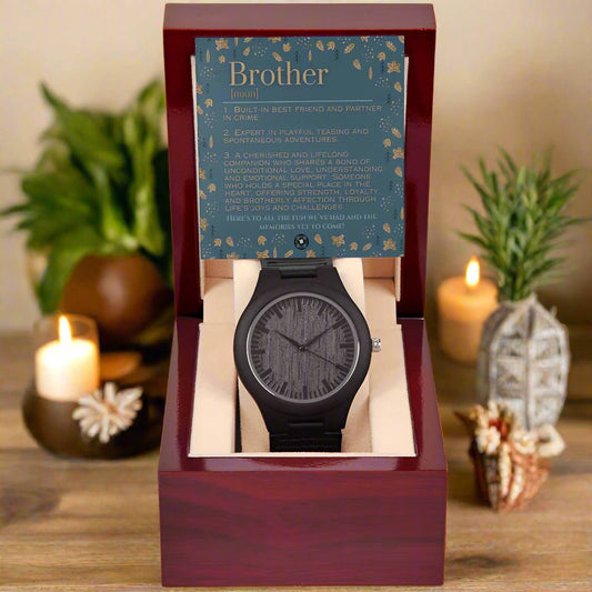 Sandalwood & Leather Wooden Watch: For Brother Jewelry Autumn Mahogany Style Luxury Box with LED The Silver Clover & Co.
