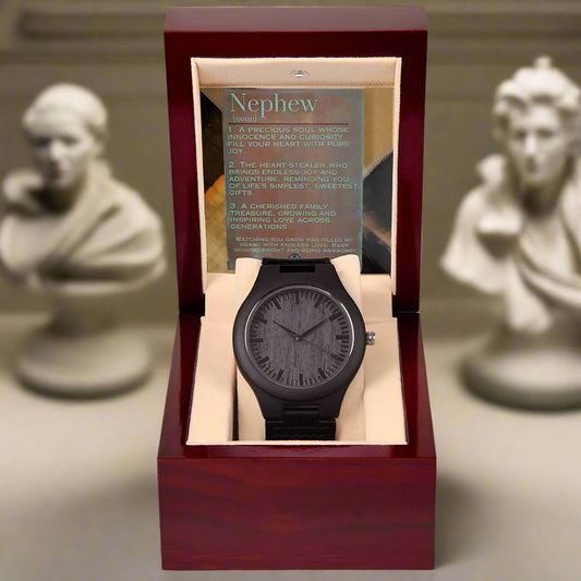 Sandalwood & Leather Wooden Watch: For Nephew Jewelry Iron & Patina Mahogany Style Luxury Box with LED The Silver Clover & Co.