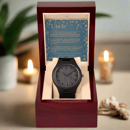 Sandalwood & Leather Wooden Watch: For Uncle Jewelry Autumn Mahogany Style Luxury Box with LED The Silver Clover & Co.