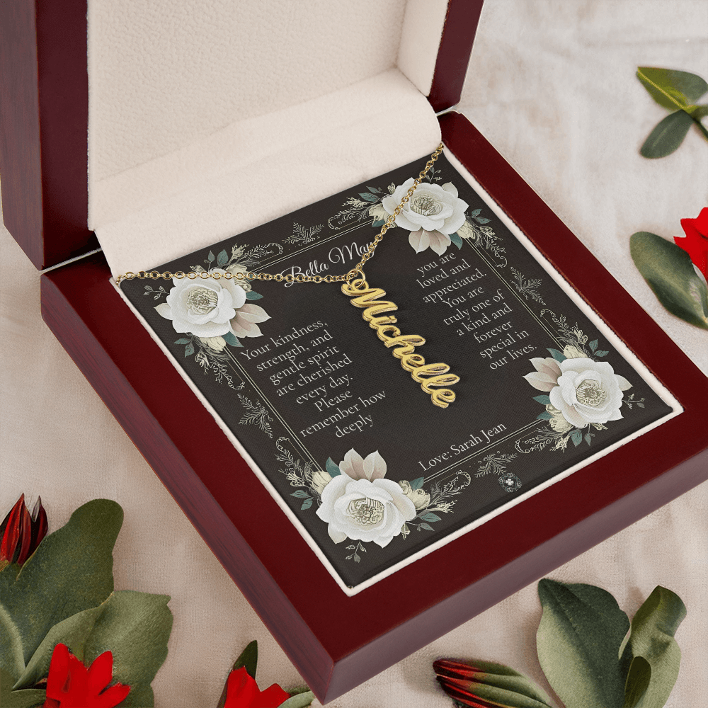 Vertical Name Necklace: Angel Jewelry 18k Yellow Gold Mahogany Style Luxury Box with LED The Silver Clover & Co.