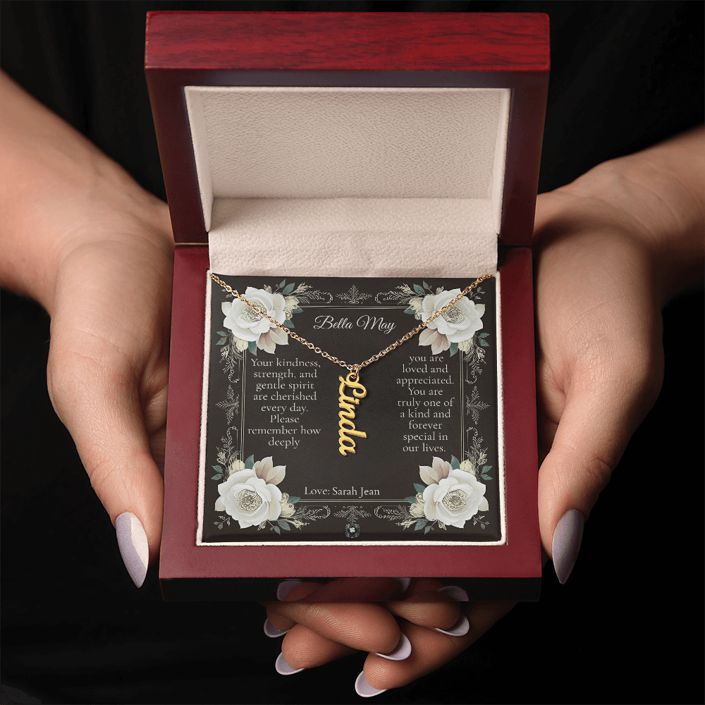 Vertical Name Necklace: Angel Jewelry 18k Yellow Gold Two Tone Box The Silver Clover & Co.