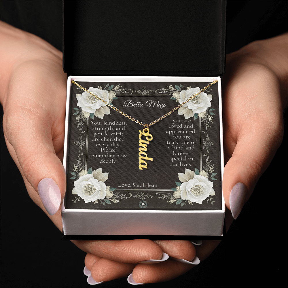 Vertical Name Necklace: Angel Jewelry 18k Yellow Gold Two Tone Box The Silver Clover & Co.