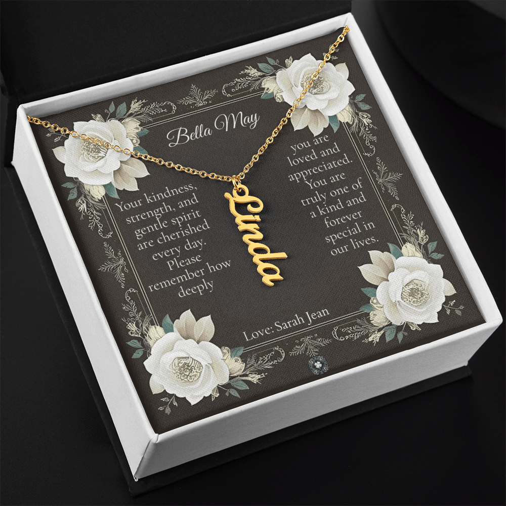 Vertical Name Necklace: Angel Jewelry 18k Yellow Gold Two Tone Box The Silver Clover & Co.