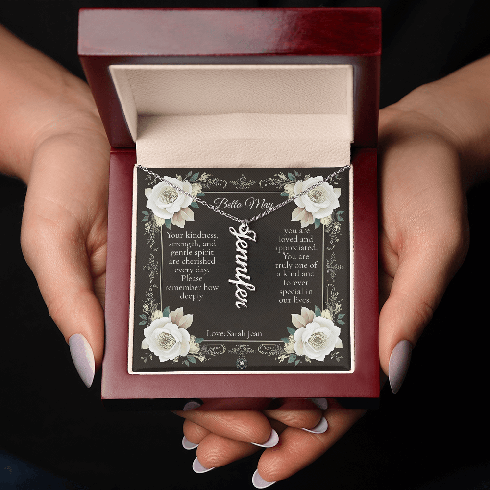 Vertical Name Necklace: Angel Jewelry 18k Yellow Gold Two Tone Box The Silver Clover & Co.