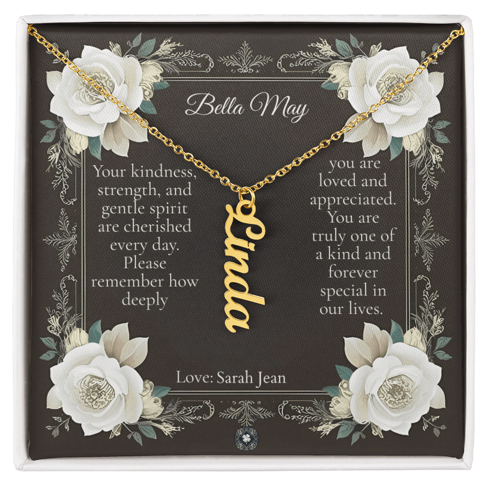 Vertical Name Necklace: Angel Jewelry 18k Yellow Gold Two Tone Box The Silver Clover & Co.