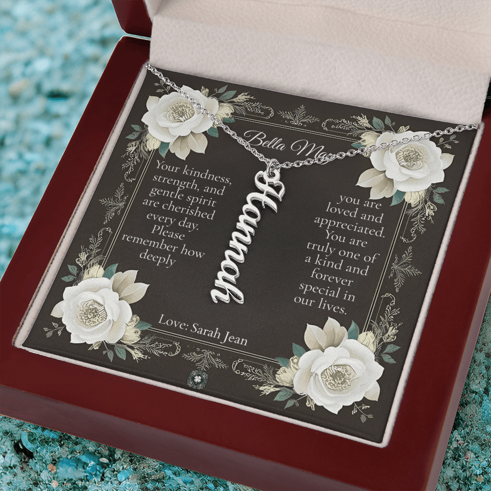 Vertical Name Necklace: Angel Jewelry Polished Stainless Steel Mahogany Style Luxury Box with LED The Silver Clover & Co.