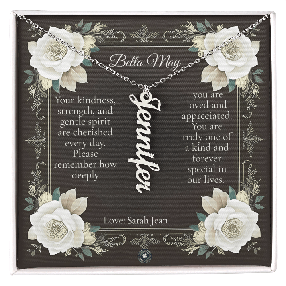 Vertical Name Necklace: Angel Jewelry Polished Stainless Steel Two Tone Box The Silver Clover & Co.