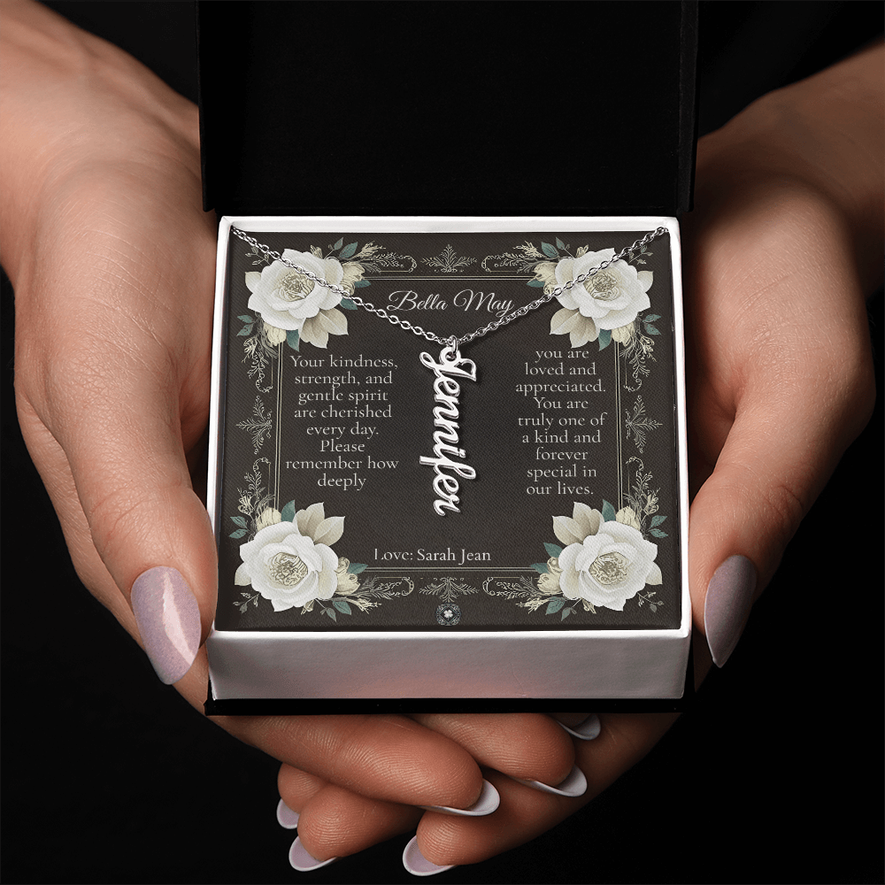 Vertical Name Necklace: Angel Jewelry Polished Stainless Steel Two Tone Box The Silver Clover & Co.