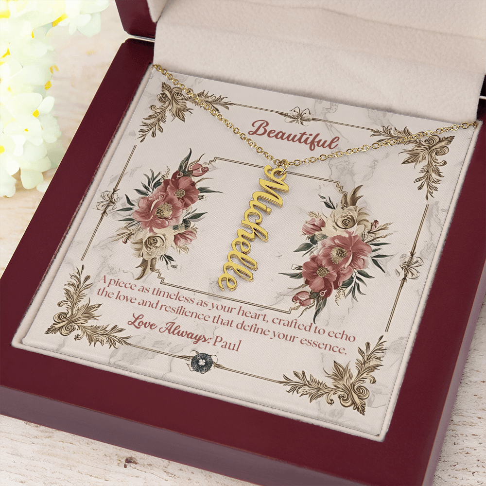 Vertical Name Necklace: Beautiful Jewelry 18k Yellow Gold Mahogany Style Luxury Box with LED The Silver Clover & Co.