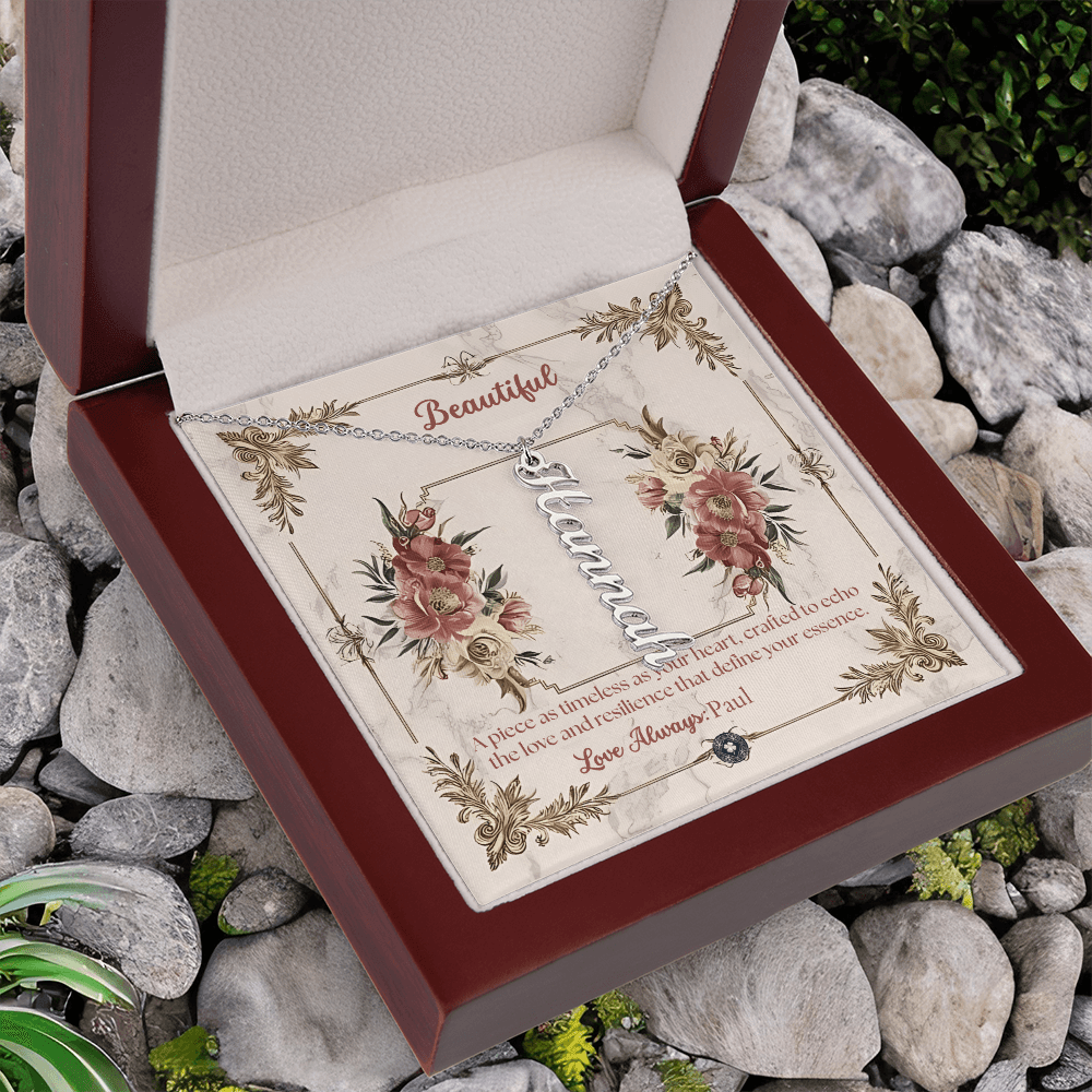 Vertical Name Necklace: Beautiful Jewelry Polished Stainless Steel Mahogany Style Luxury Box with LED The Silver Clover & Co.