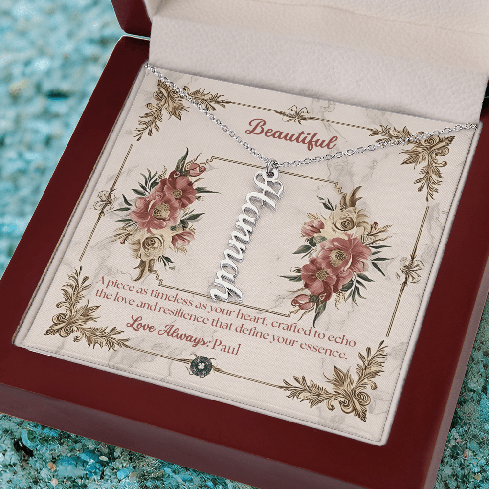 Vertical Name Necklace: Beautiful Jewelry Polished Stainless Steel Mahogany Style Luxury Box with LED The Silver Clover & Co.