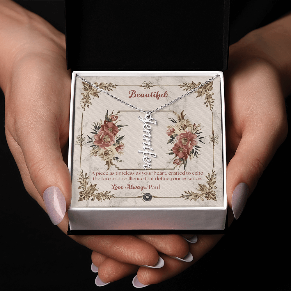 Vertical Name Necklace: Beautiful Jewelry Polished Stainless Steel Two Tone Box The Silver Clover & Co.