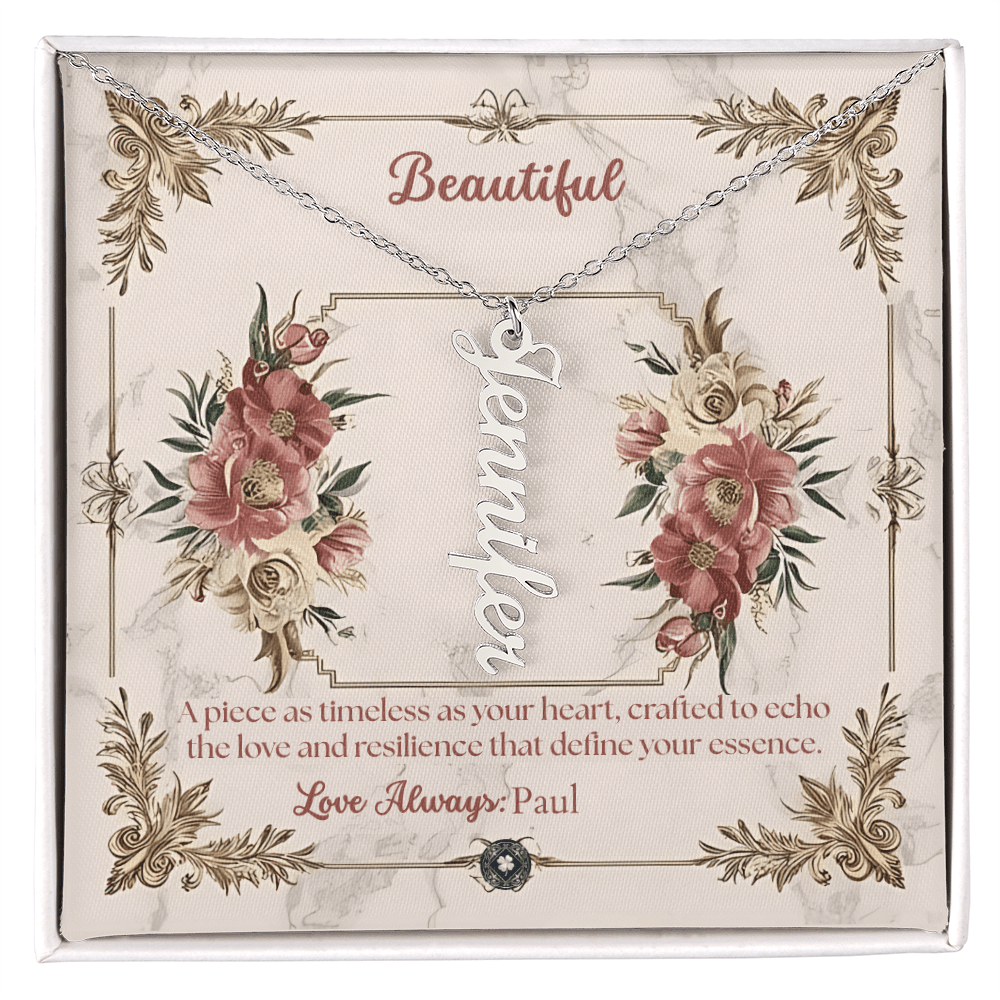 Vertical Name Necklace: Beautiful Jewelry Polished Stainless Steel Two Tone Box The Silver Clover & Co.