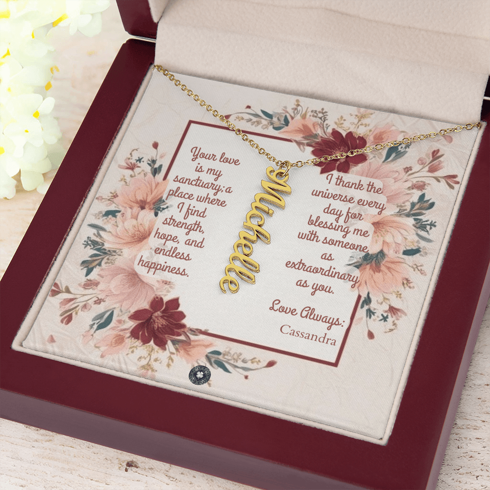 Vertical Name Necklace: Darling Jewelry 18k Yellow Gold Mahogany Style Luxury Box with LED The Silver Clover & Co.