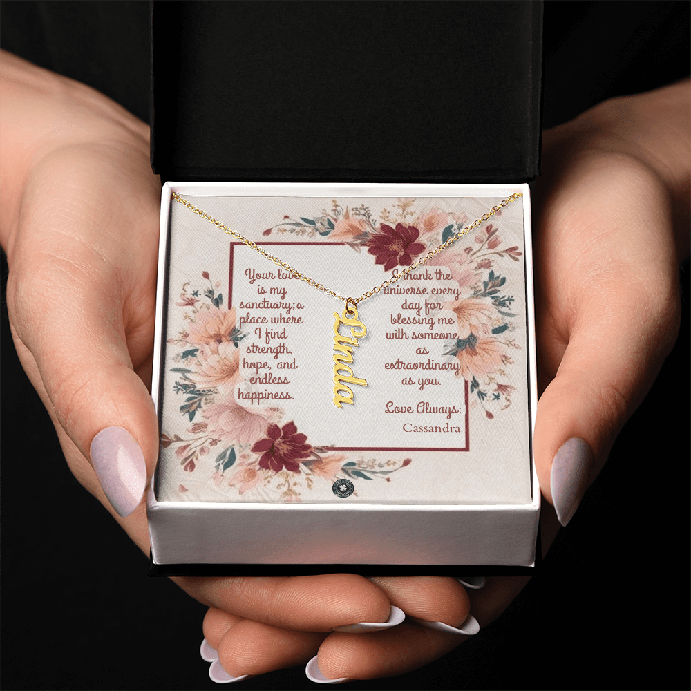 Vertical Name Necklace: Darling Jewelry 18k Yellow Gold Two Tone Box The Silver Clover & Co.