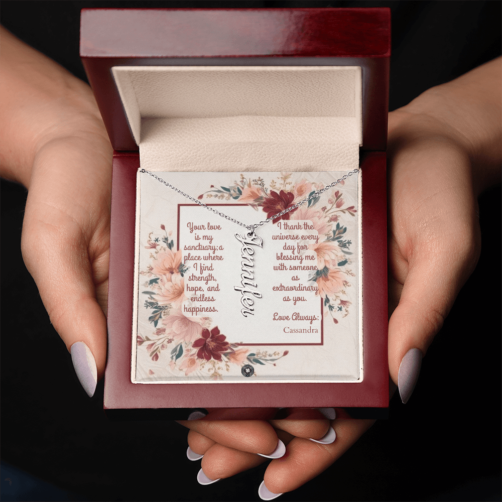 Vertical Name Necklace: Darling Jewelry 18k Yellow Gold Two Tone Box The Silver Clover & Co.