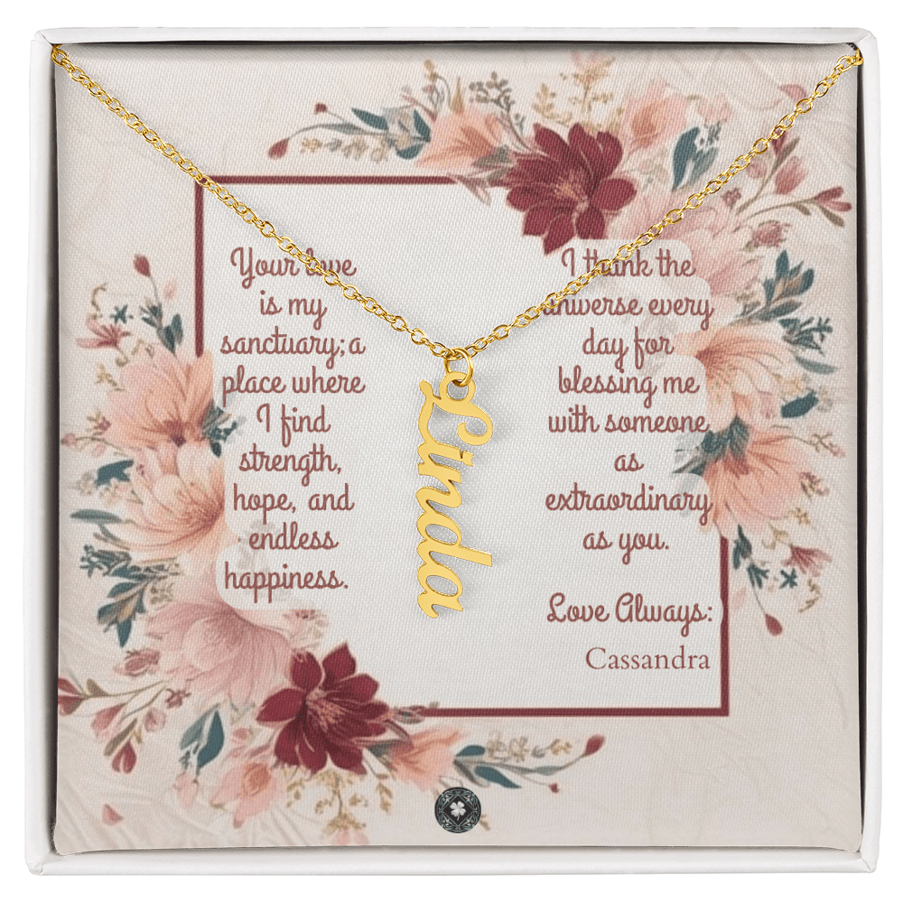 Vertical Name Necklace: Darling Jewelry 18k Yellow Gold Two Tone Box The Silver Clover & Co.