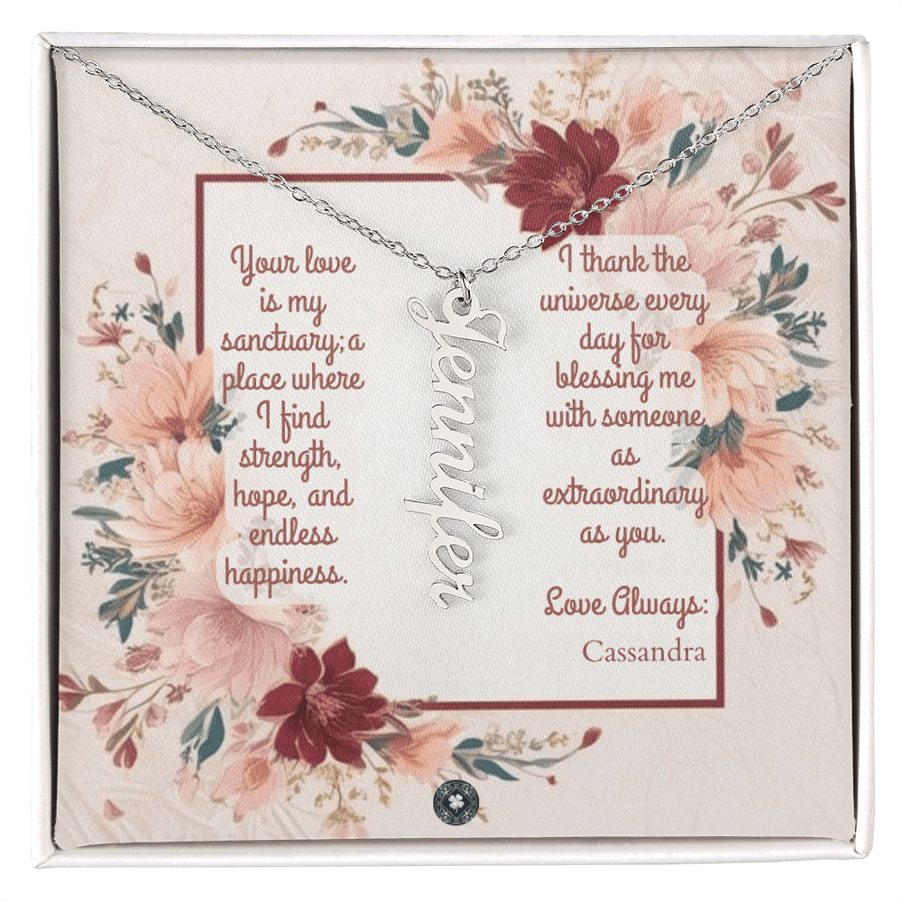 Vertical Name Necklace: Darling Jewelry Polished Stainless Steel Two Tone Box The Silver Clover & Co.