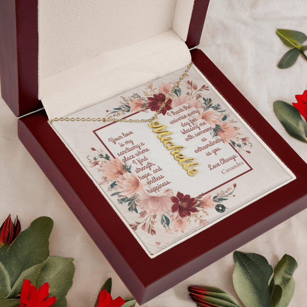 Vertical Name Necklace: Darling Jewelry 18k Yellow Gold Two Tone Box The Silver Clover & Co.