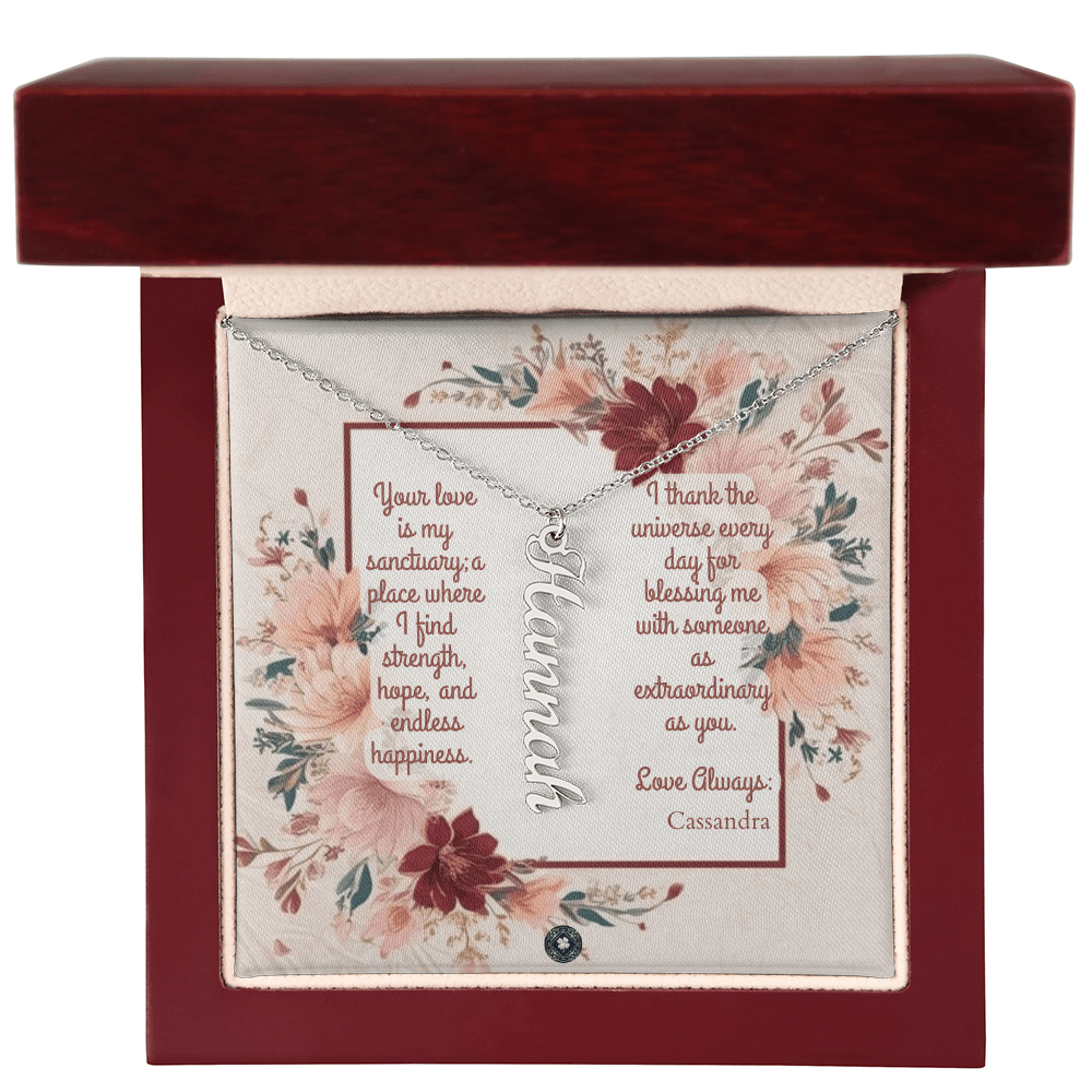 Vertical Name Necklace: Darling Jewelry Polished Stainless Steel Mahogany Style Luxury Box with LED The Silver Clover & Co.