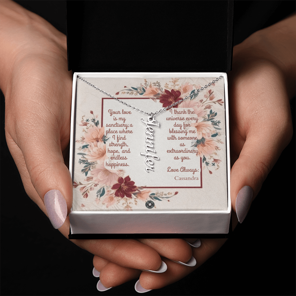 Vertical Name Necklace: Darling Jewelry Polished Stainless Steel Two Tone Box The Silver Clover & Co.