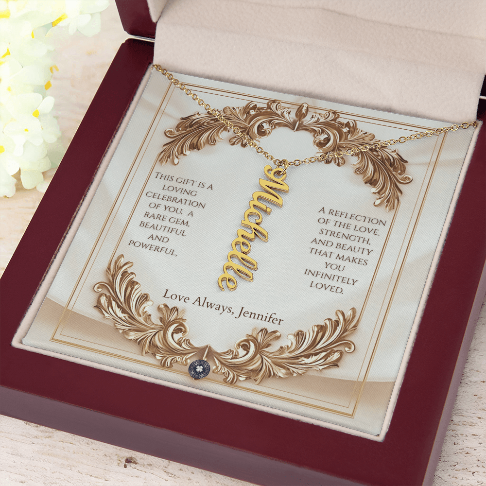 Vertical Name Necklace: Elegance Jewelry 18k Yellow Gold Mahogany Style Luxury Box with LED The Silver Clover & Co.