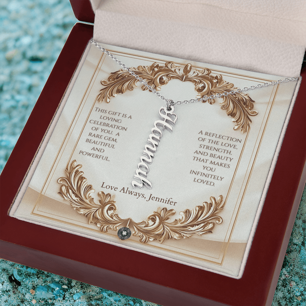 Vertical Name Necklace: Elegance Jewelry Polished Stainless Steel Mahogany Style Luxury Box with LED The Silver Clover & Co.