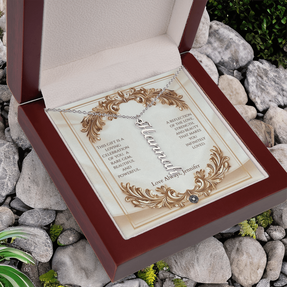 Vertical Name Necklace: Elegance Jewelry Polished Stainless Steel Mahogany Style Luxury Box with LED The Silver Clover & Co.