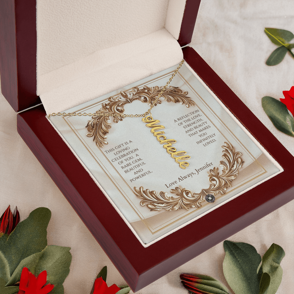 Vertical Name Necklace: Elegance Jewelry Polished Stainless Steel Mahogany Style Luxury Box with LED The Silver Clover & Co.