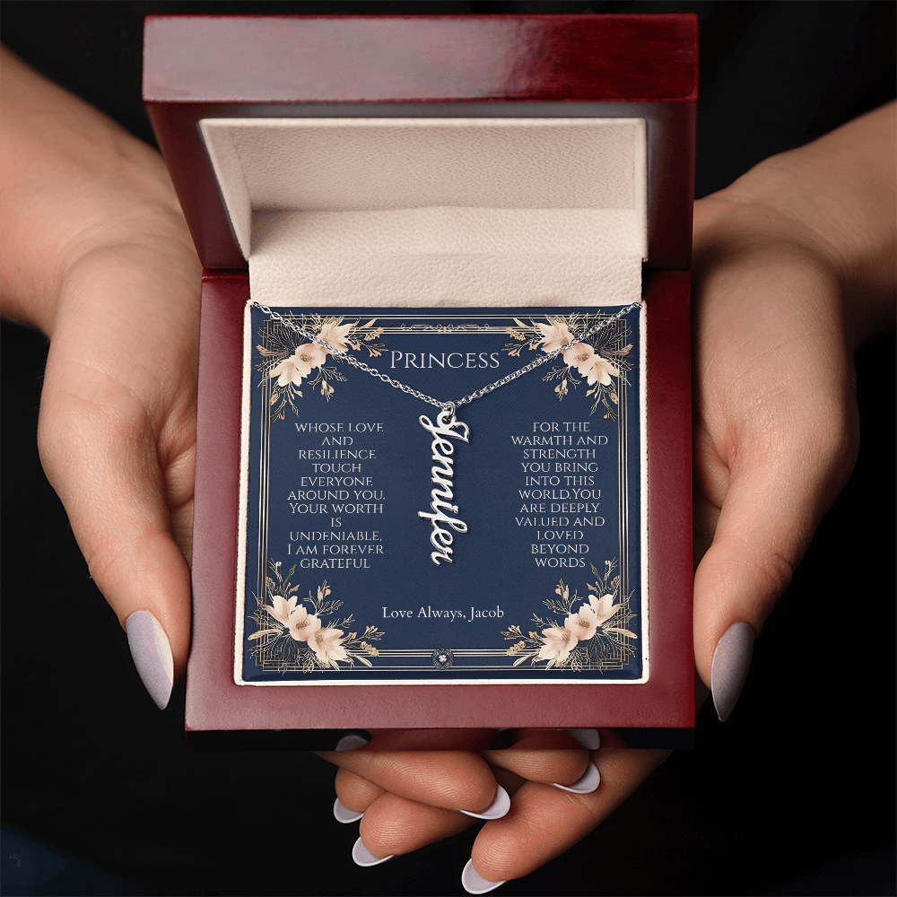 Vertical Name Necklace: Princess Jewelry Polished Stainless Steel Two Tone Box The Silver Clover & Co.