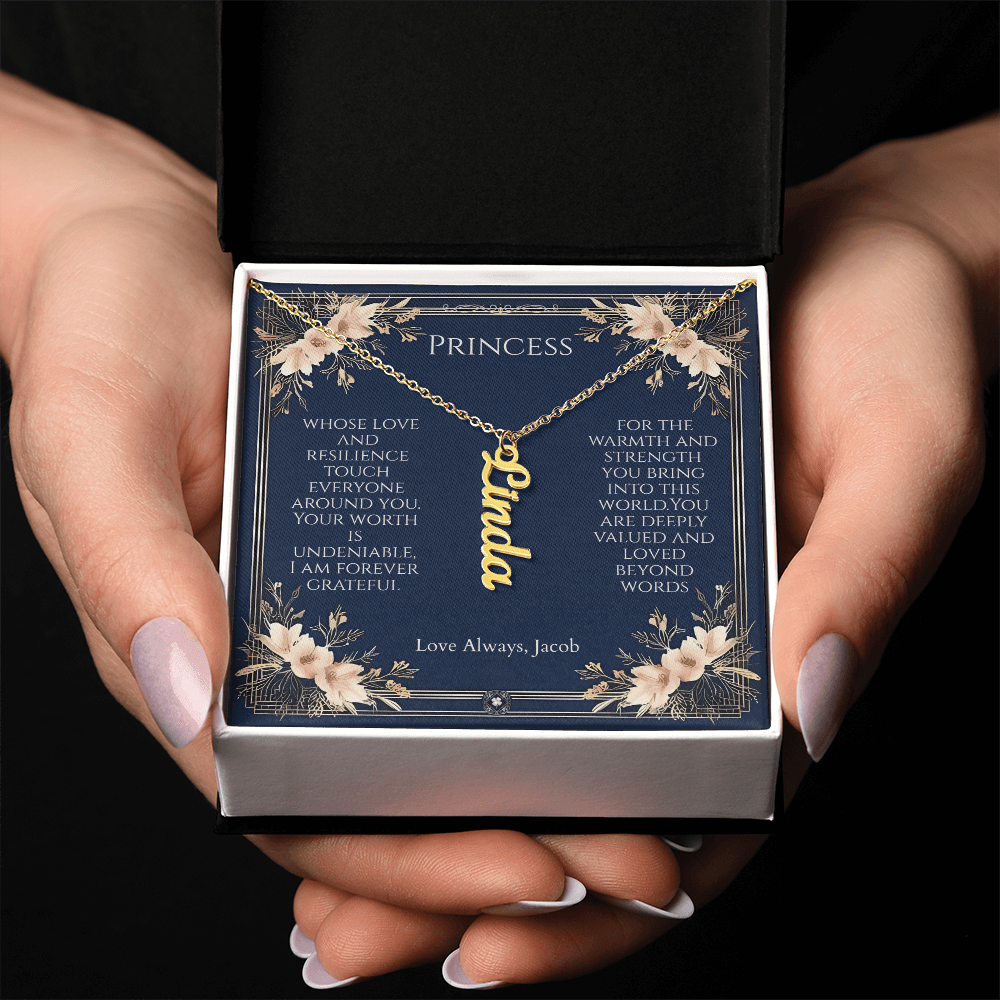 Vertical Name Necklace: Princess Jewelry Polished Stainless Steel Two Tone Box The Silver Clover & Co.