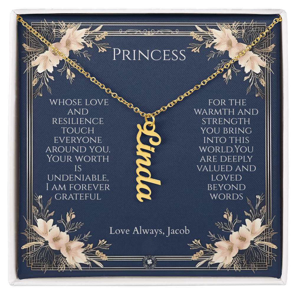 Vertical Name Necklace: Princess Jewelry 18k Yellow Gold Two Tone Box The Silver Clover & Co.