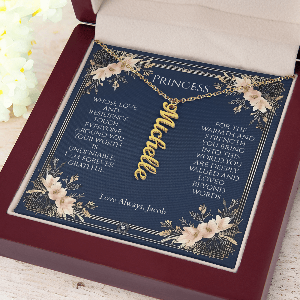 Vertical Name Necklace: Princess Jewelry 18k Yellow Gold Mahogany Style Luxury Box with LED The Silver Clover & Co.