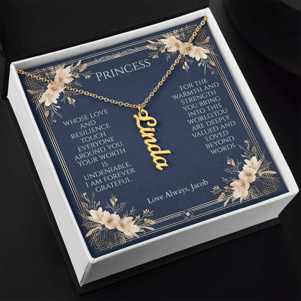 Vertical Name Necklace: Princess Jewelry Polished Stainless Steel Two Tone Box The Silver Clover & Co.
