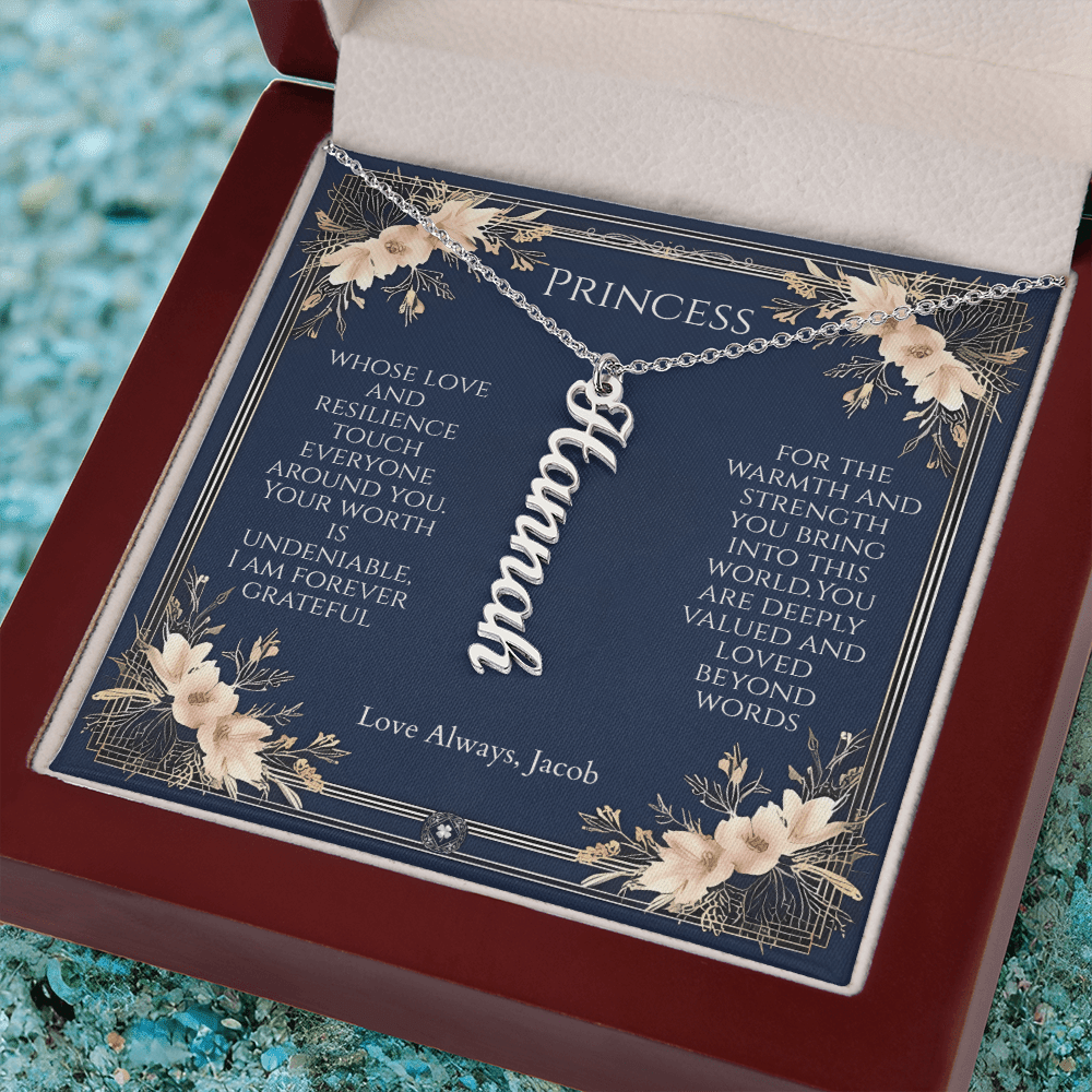 Vertical Name Necklace: Princess Jewelry Polished Stainless Steel Two Tone Box The Silver Clover & Co.