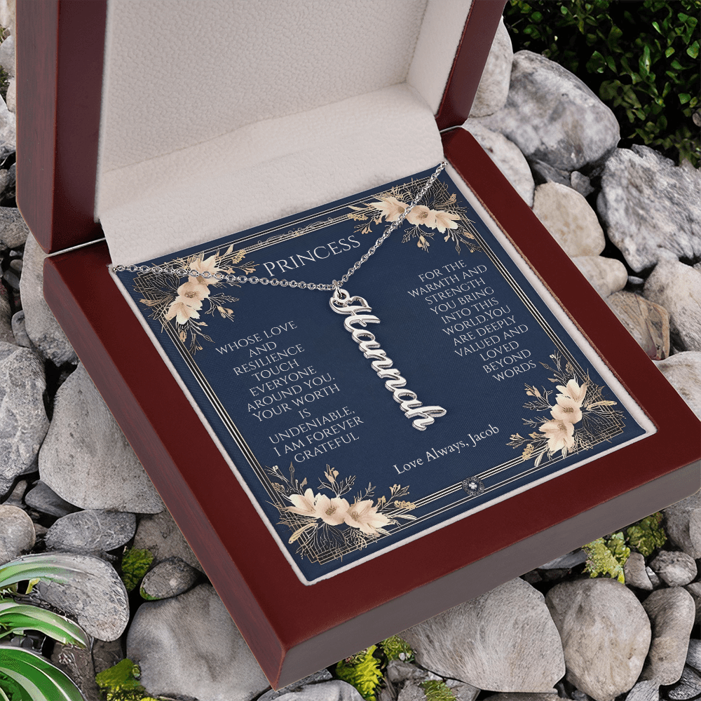 Vertical Name Necklace: Princess Jewelry Polished Stainless Steel Mahogany Style Luxury Box with LED The Silver Clover & Co.