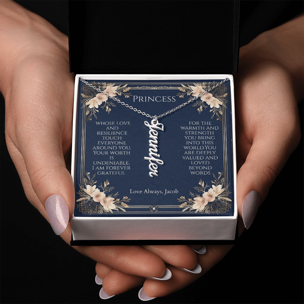 Vertical Name Necklace: Princess Jewelry Polished Stainless Steel Two Tone Box The Silver Clover & Co.