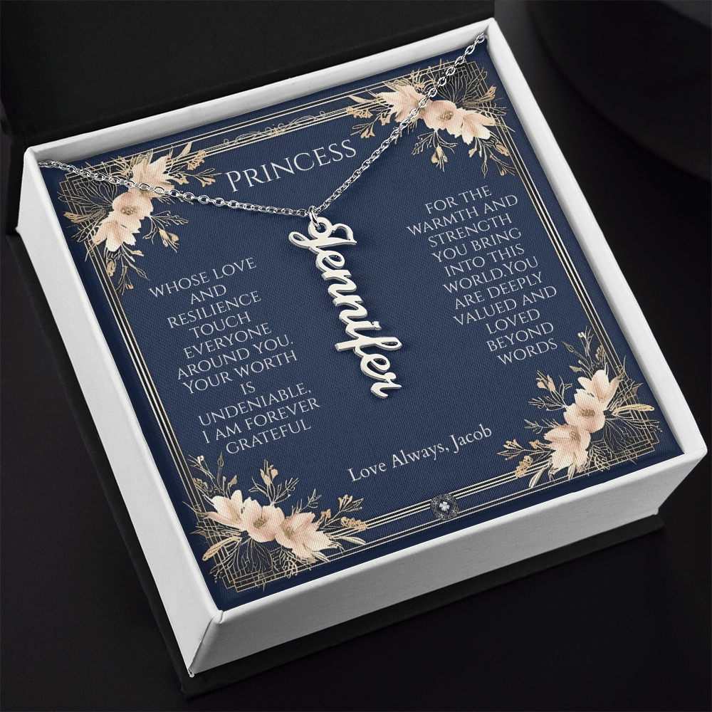 Vertical Name Necklace: Princess Jewelry Polished Stainless Steel Two Tone Box The Silver Clover & Co.