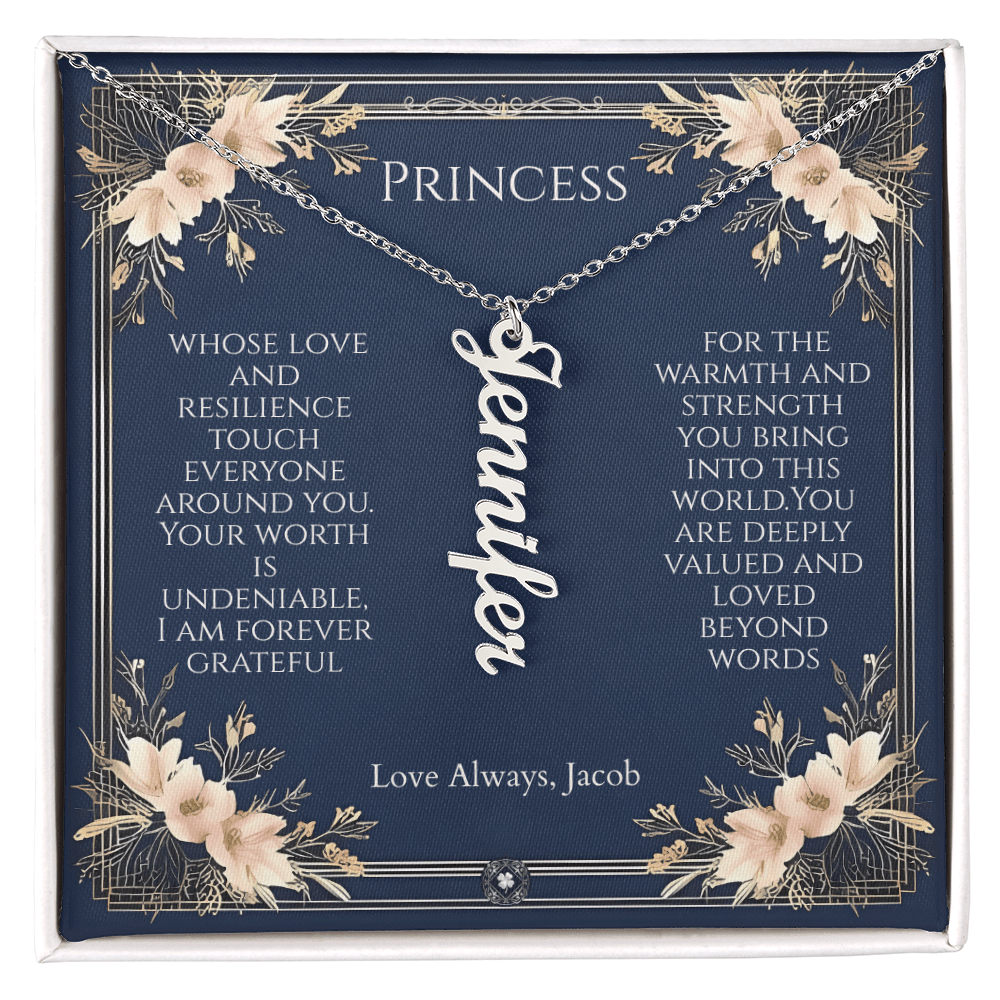 Vertical Name Necklace: Princess Jewelry Polished Stainless Steel Two Tone Box The Silver Clover & Co.