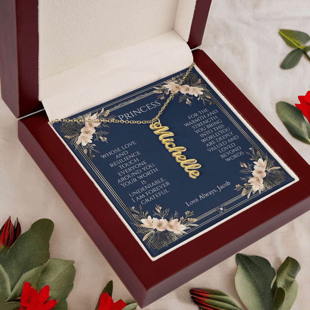 Vertical Name Necklace: Princess Jewelry Polished Stainless Steel Two Tone Box The Silver Clover & Co.