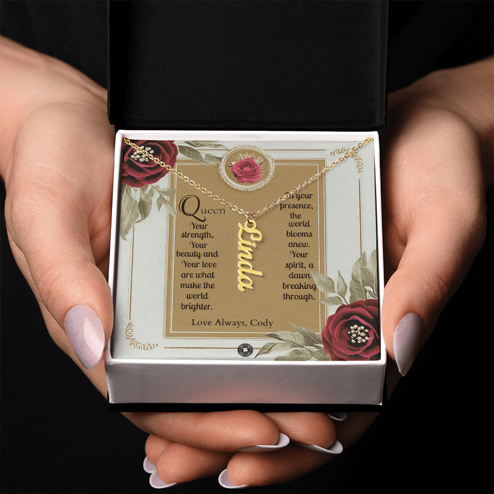 Vertical Name Necklace: Queen Jewelry 18k Yellow Gold Two Tone Box The Silver Clover & Co.