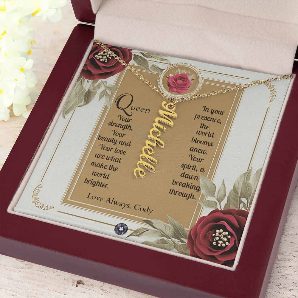 Vertical Name Necklace: Queen Jewelry 18k Yellow Gold Mahogany Style Luxury Box with LED The Silver Clover & Co.